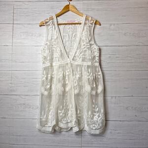 Parami Design Kimono Womens Size Large White Floral Sheer Cardigan Coverup Vest
